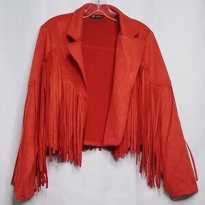 PRETTYGARDEN RED FAUX SUEDE LEATHER CROPPED FRINGE JACKET SIZE S